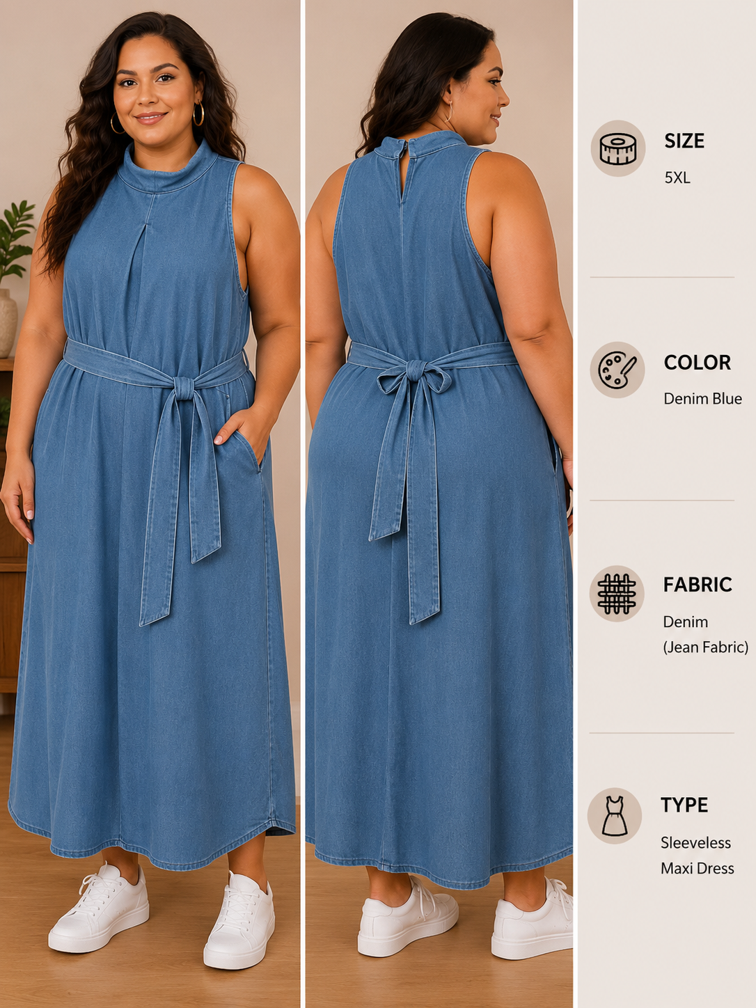 5XL Denim Blue Sleeveless Maxi Dress