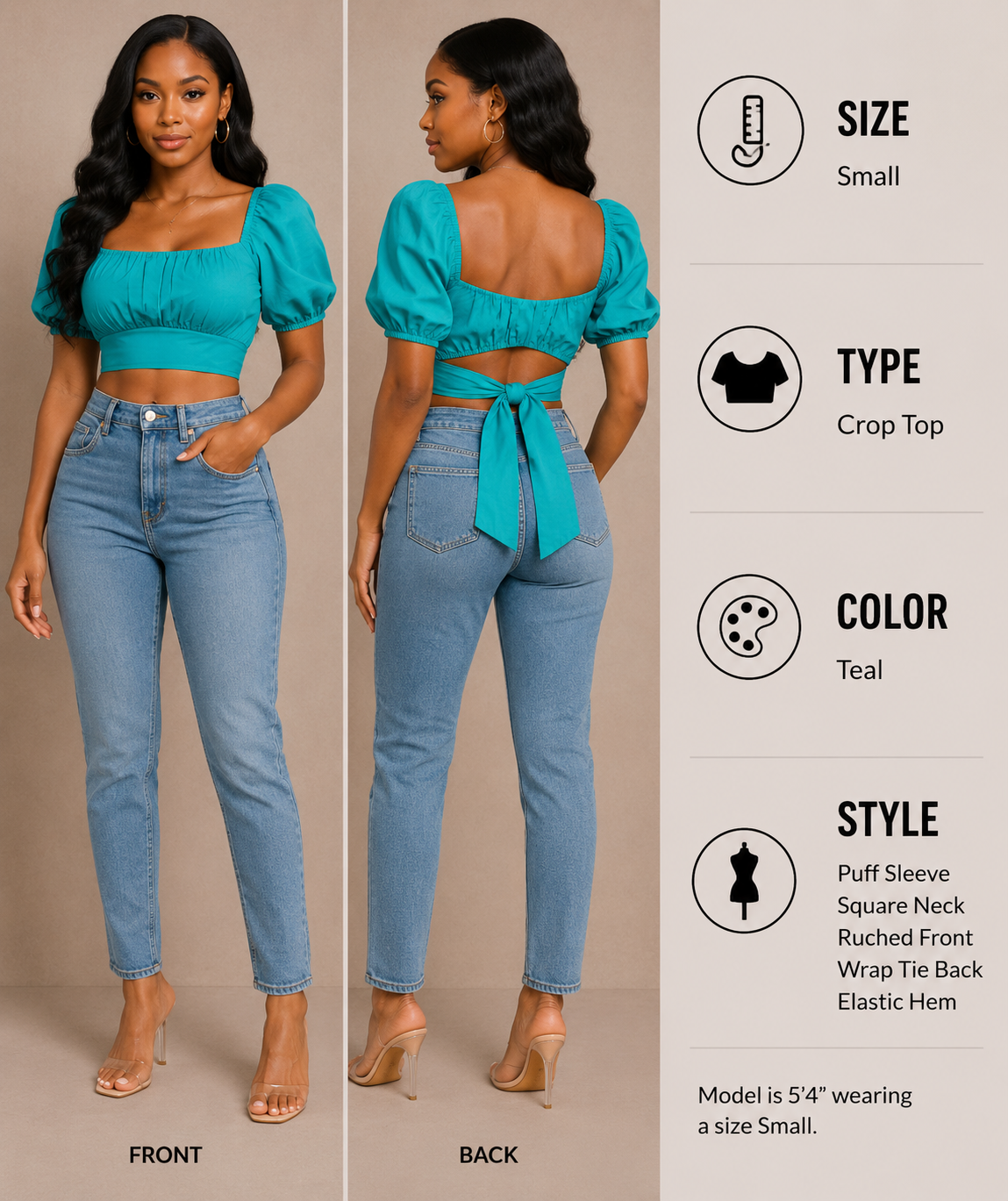 Teal Puff-Sleeve Crop Top – Size Small