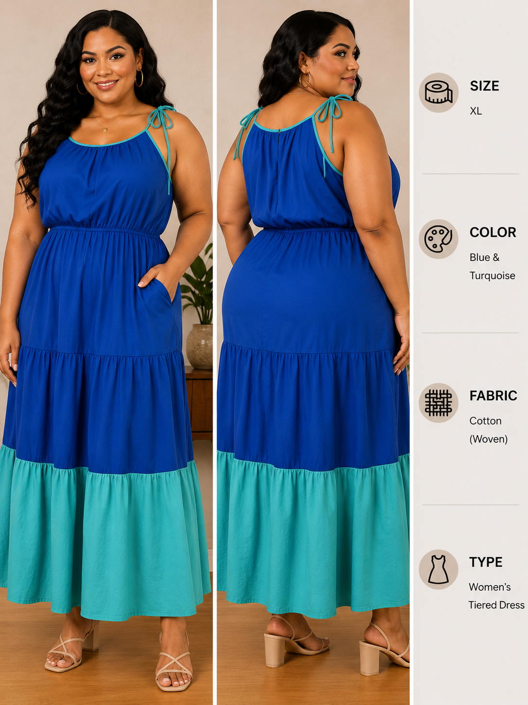 XL Blue & Turquoise Women's Tiered Dress