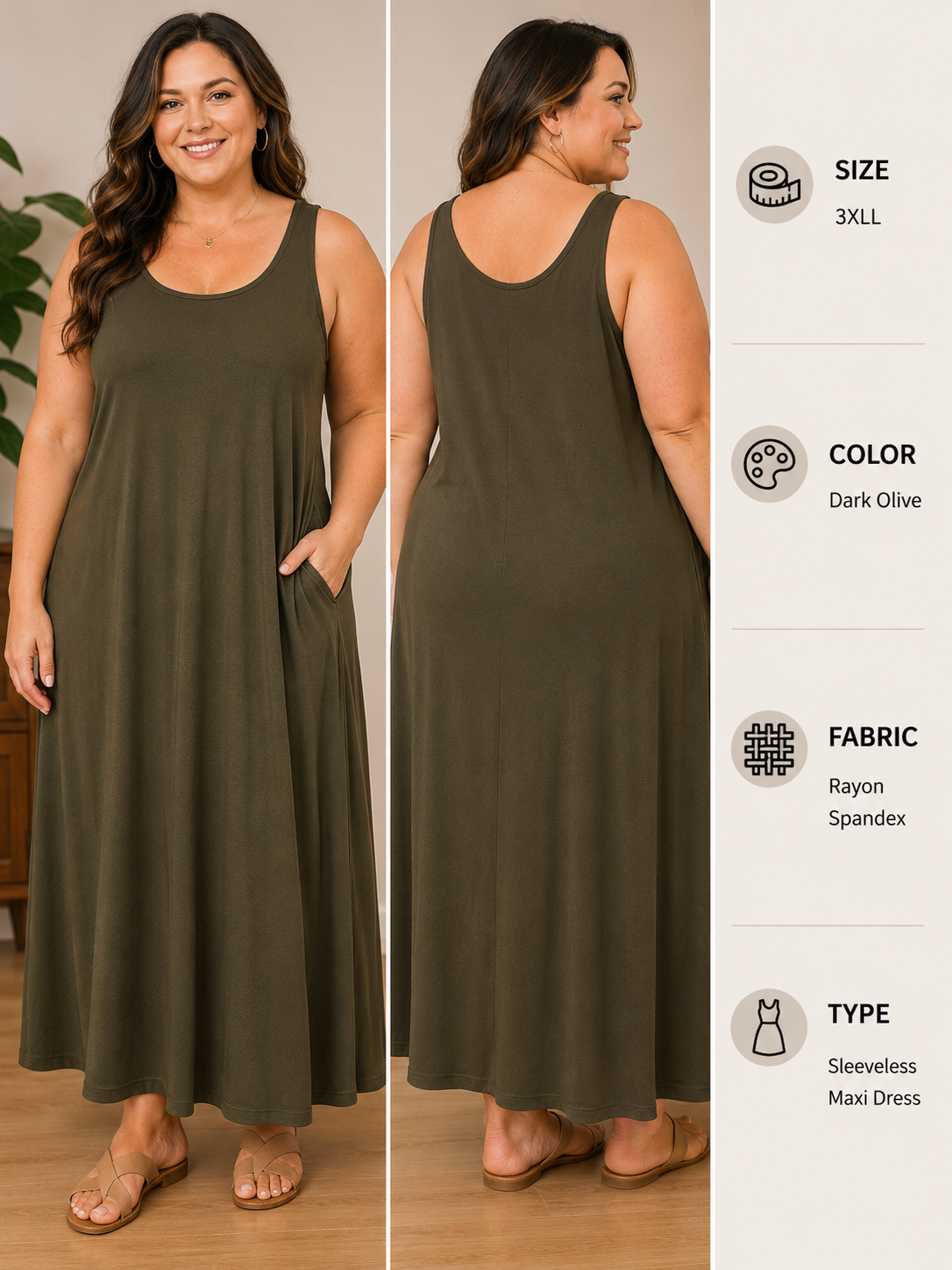 3XL Dark Olive Sleeveless Maxi Dress