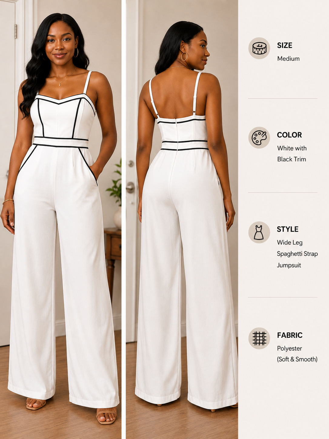 White & Black Trim Wide Leg Jumpsuit