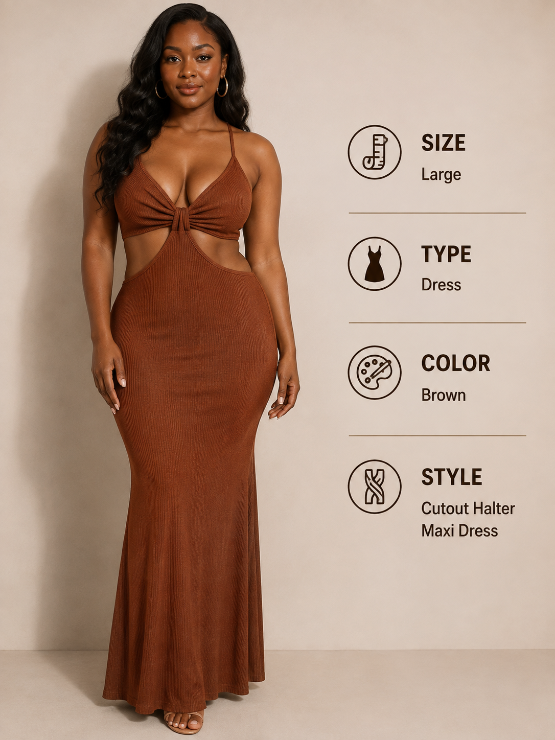 Brown Cutout Halter Maxi Dress – Large