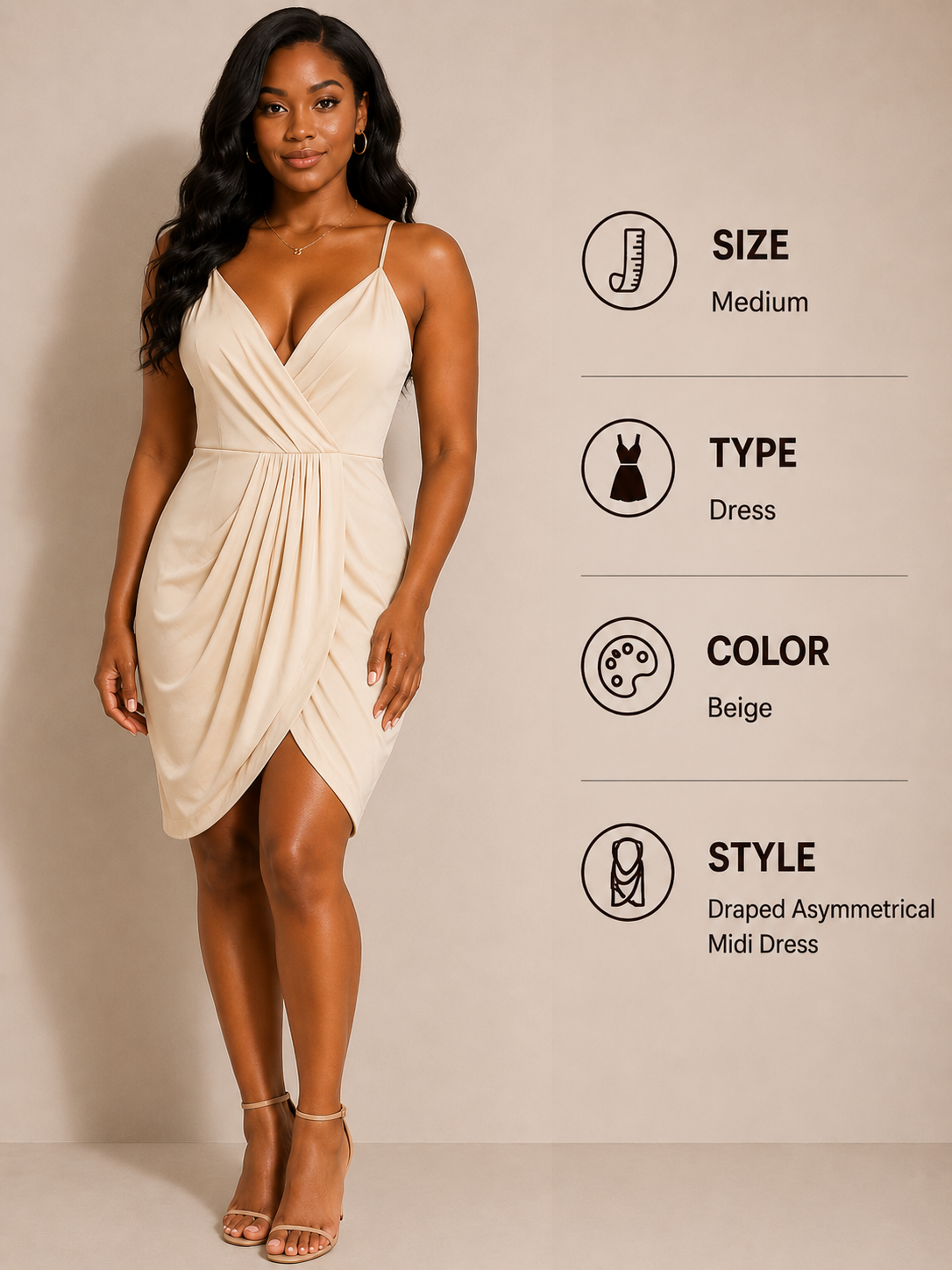 Beige Draped Asymmetrical Midi Dress – Medium