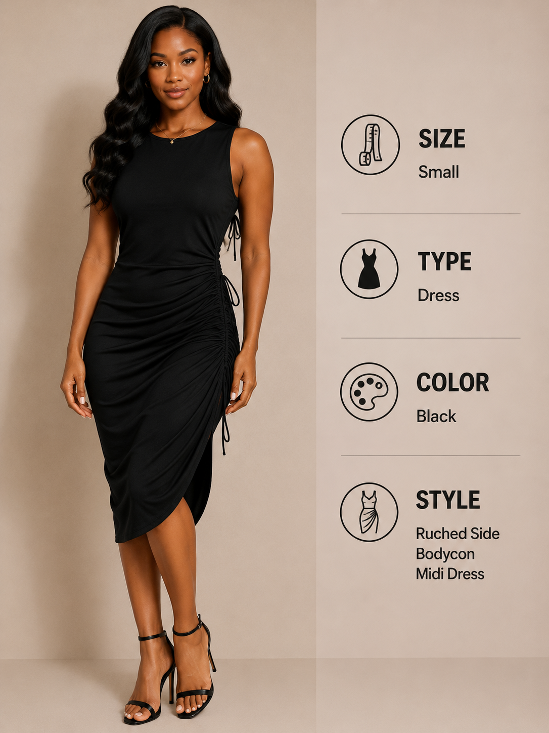Black Ruched-Side Midi Dress – Size Small