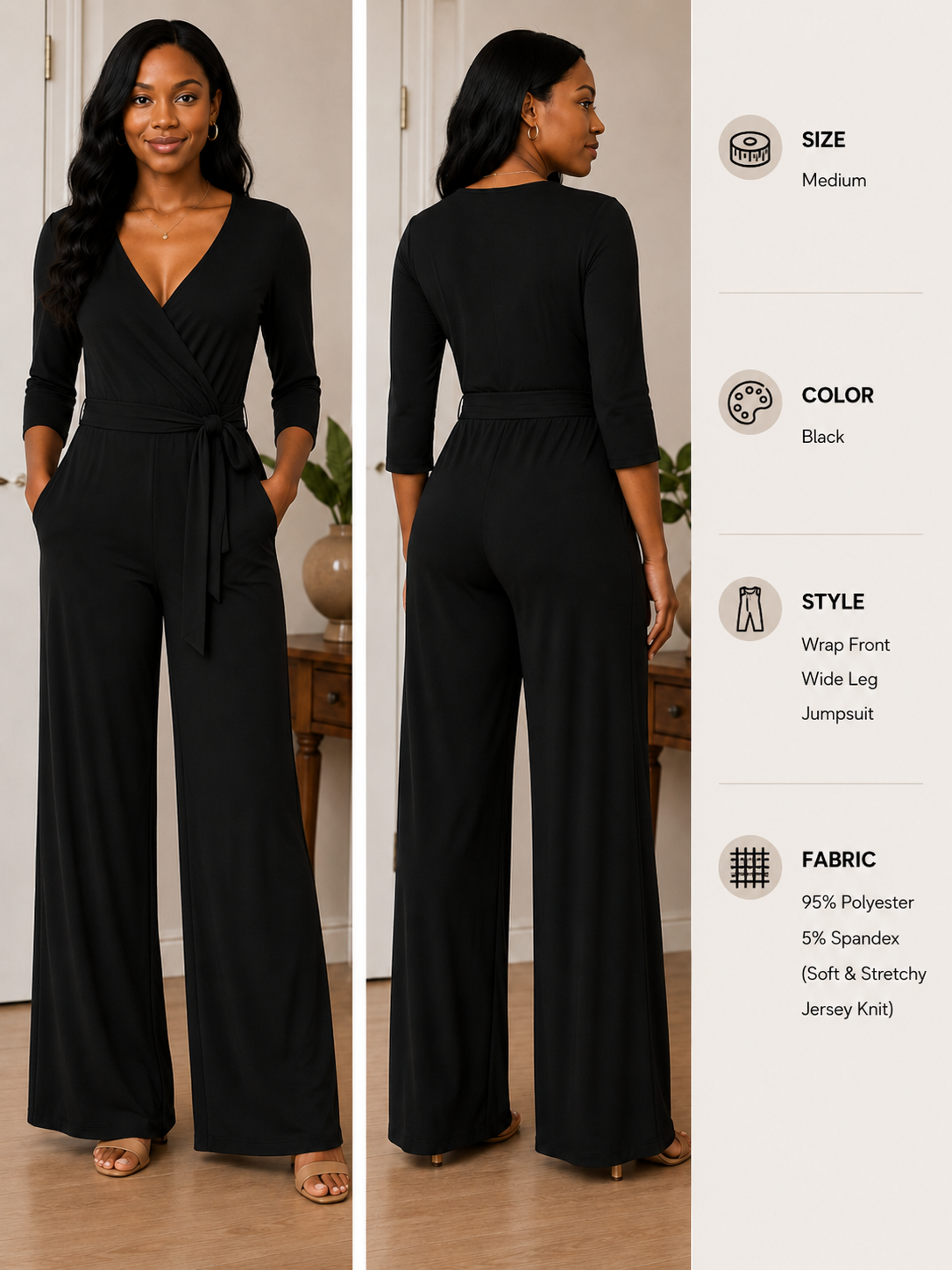Black Wrap Front Wide-Leg Jumpsuit