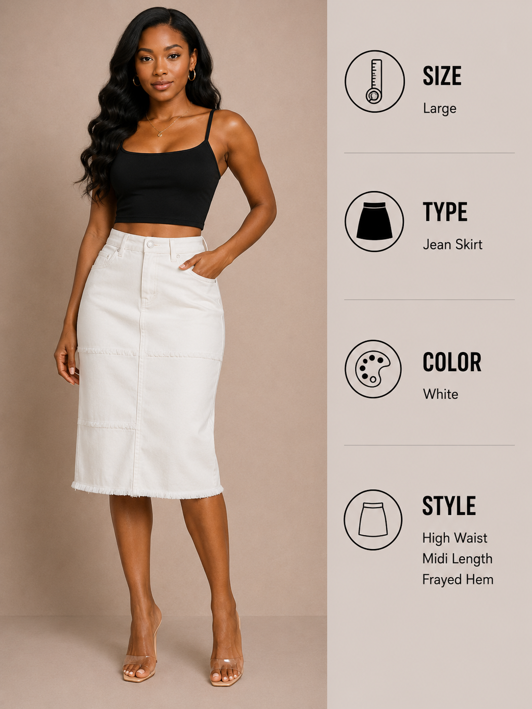 White High-Waist Midi Jean Skirt – Size Large