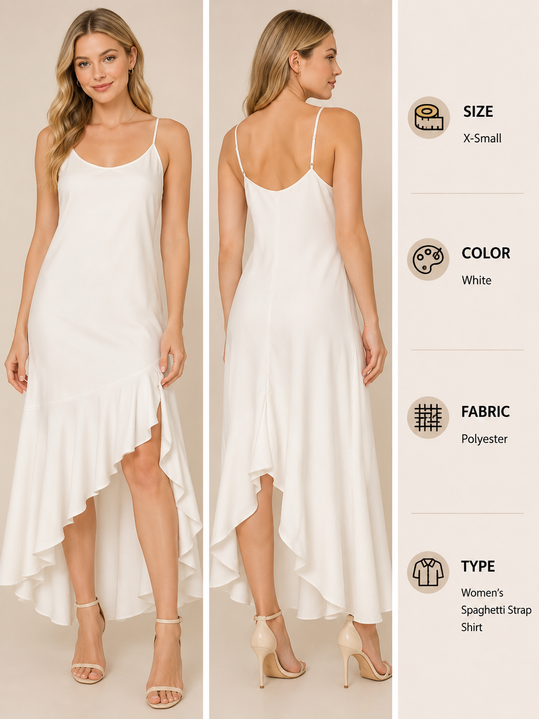 X-Small White High-Low Spaghetti Strap Dress