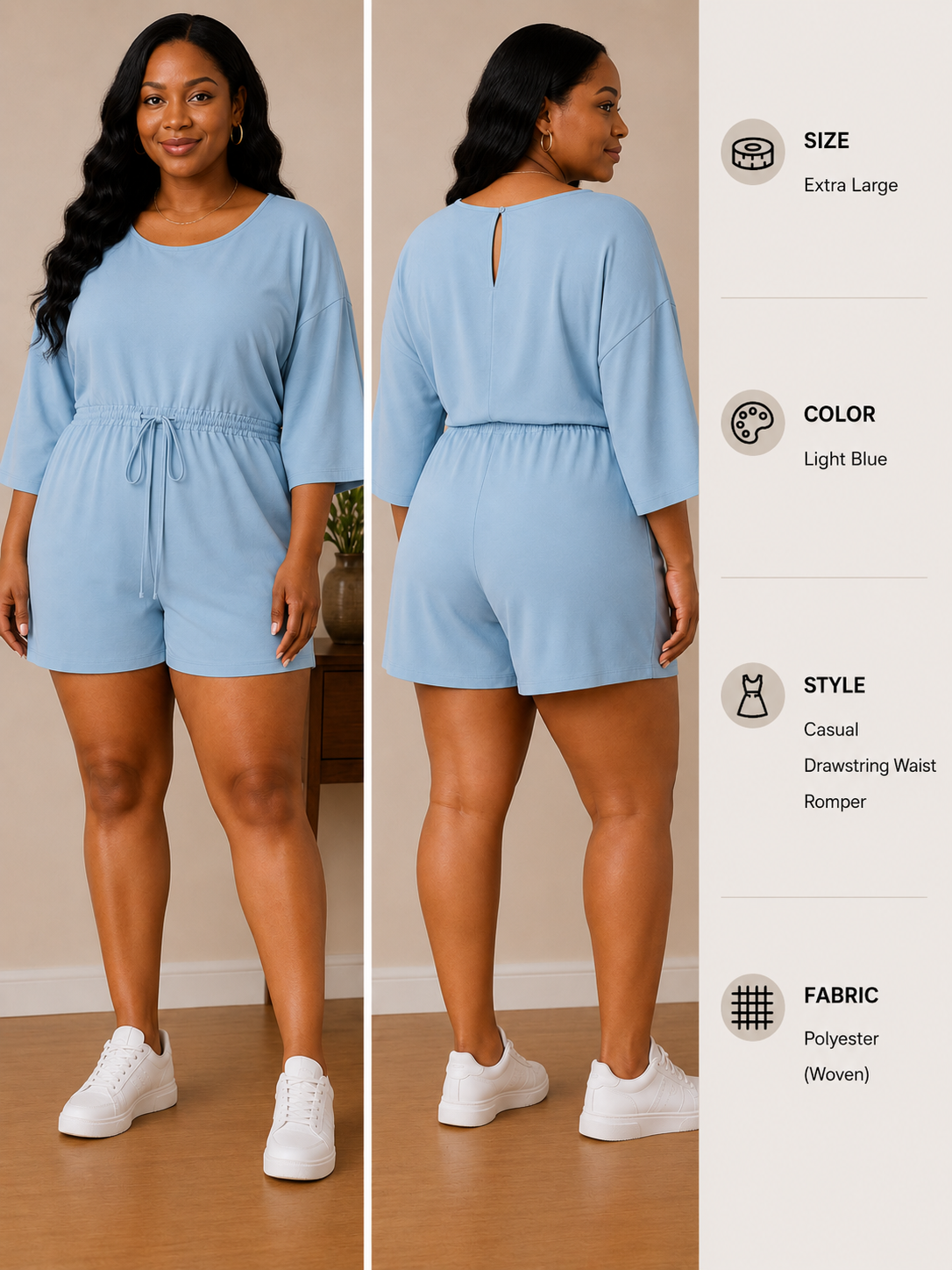 Light Blue Drawstring Waist Romper
