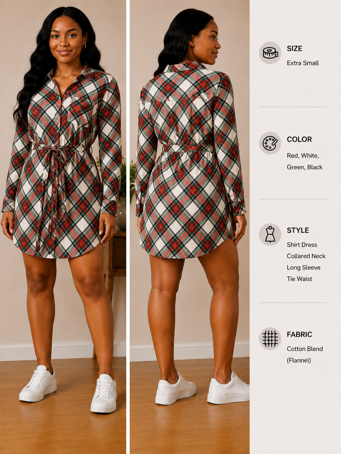 Holiday Plaid Tie-Waist Shirt Dress