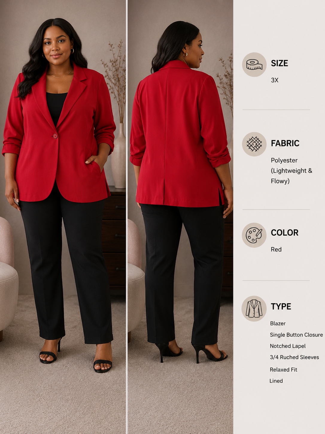 Red Relaxed Fit Blazer front and back view, Size 3X