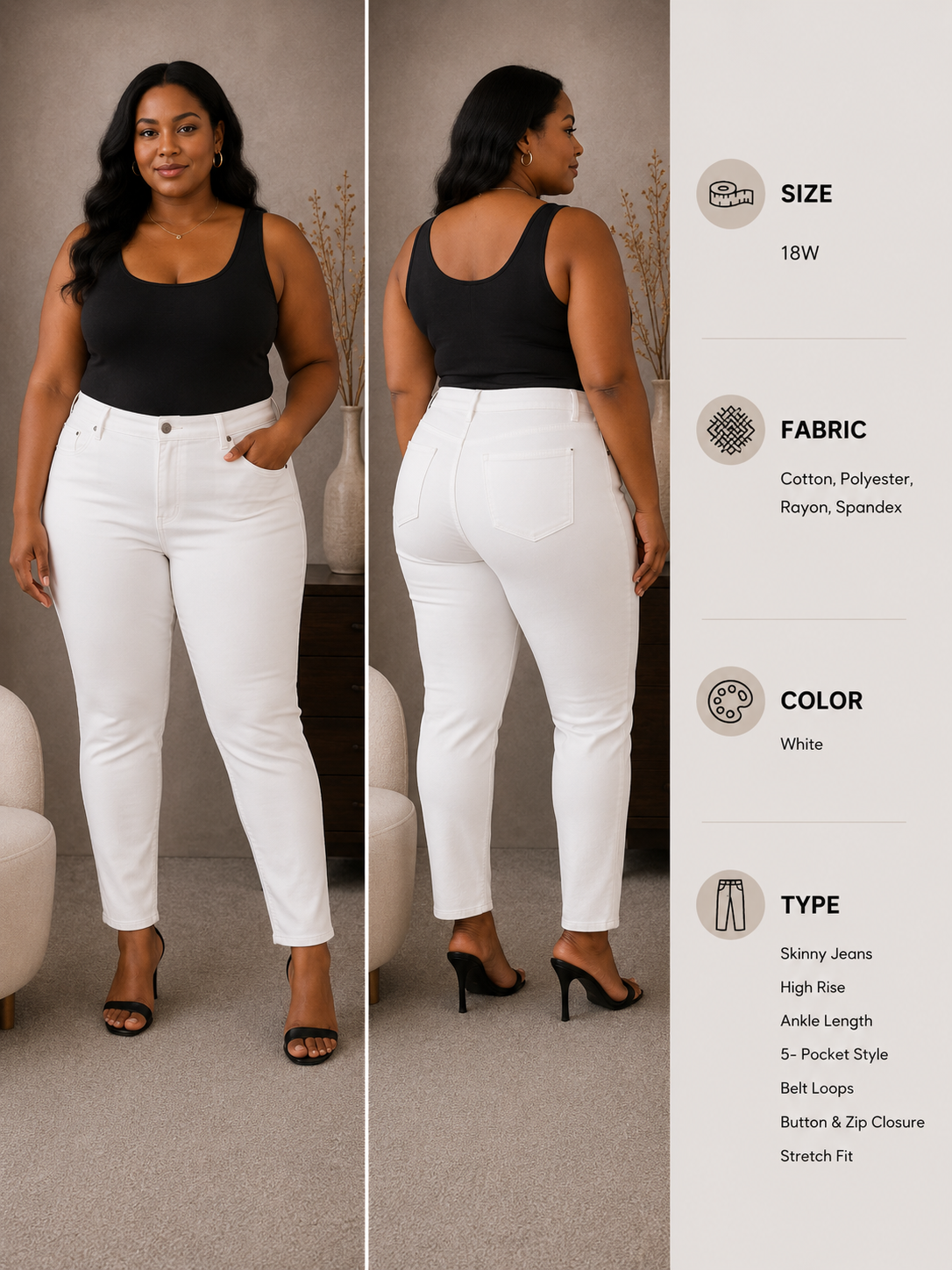 White High Rise Skinny Jeans front and back view, Size 18W