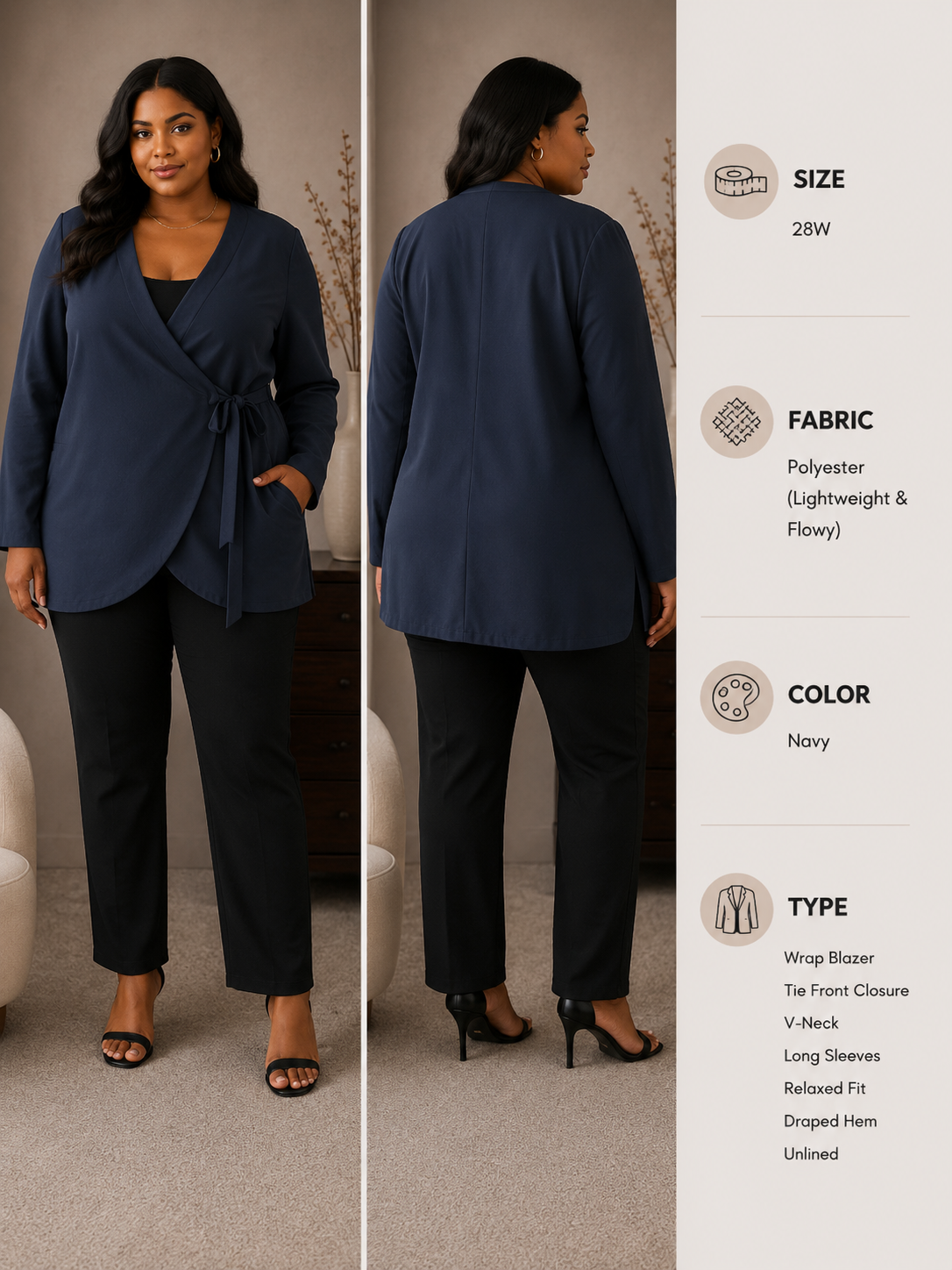 Navy Wrap Blazer - Front and Back View