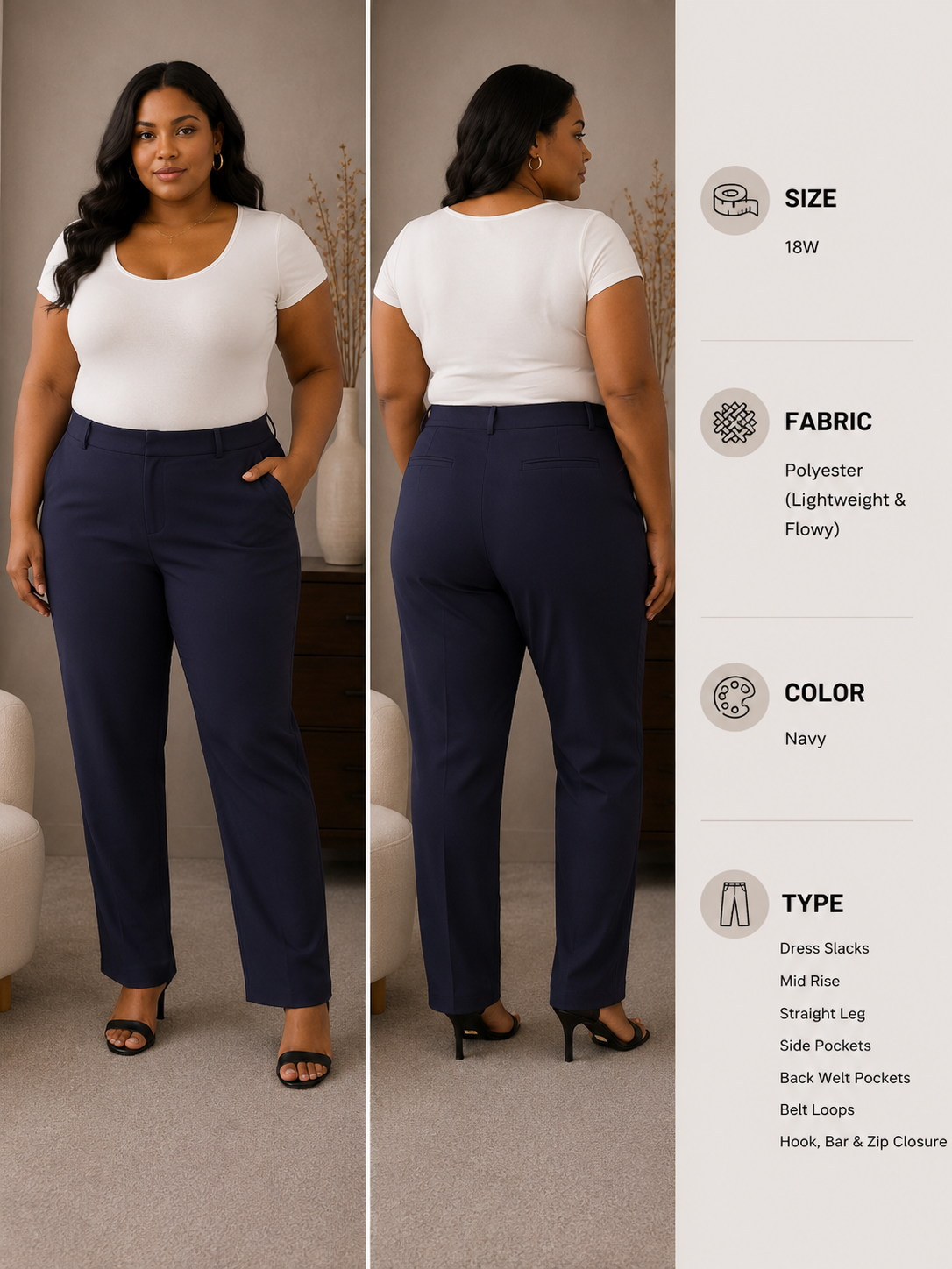 Navy Dress Slacks front and back view, Size 18W